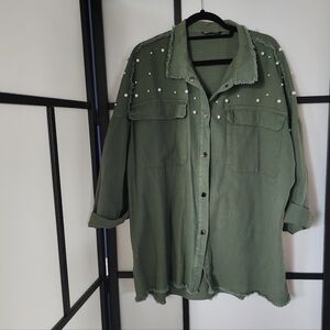 Army Green Pearl-Studded Shirt Jacket, XL